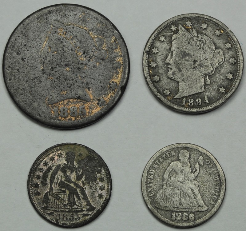 4x CONTEMPORARY FAUX 1885 $10 Liberty Gold Eagle, 1894 Liberty 5C, 2x Seated 10C