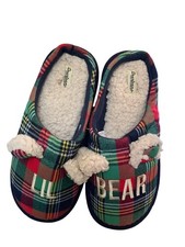 Dearfoams Kids Size 4/5 Cozy Christmas Plaid Slippers "LIL BEAR" Sherpa Lined