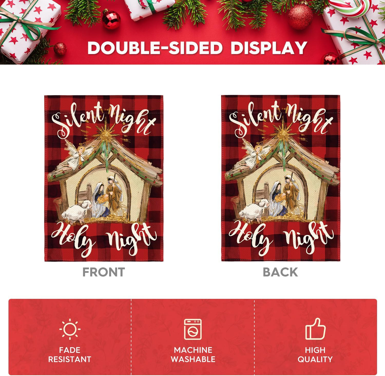 Christmas Decorations Buffalo Plaid Nativity Holy Night Garden Yard Flag 12x18"