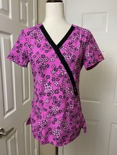 Dickies Womens Medical Scrub Top Size XS Pink Black Floral Uniform Stretch