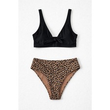 Aerie Leopard High Waisted Bikini Set Black Scoop Top L/XL Resort Beach Chic Y2K