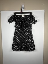 HYFVE Womens M Black Polka Dot Off Shoulder Wrap Mini Dress NWT Ruffle Puff