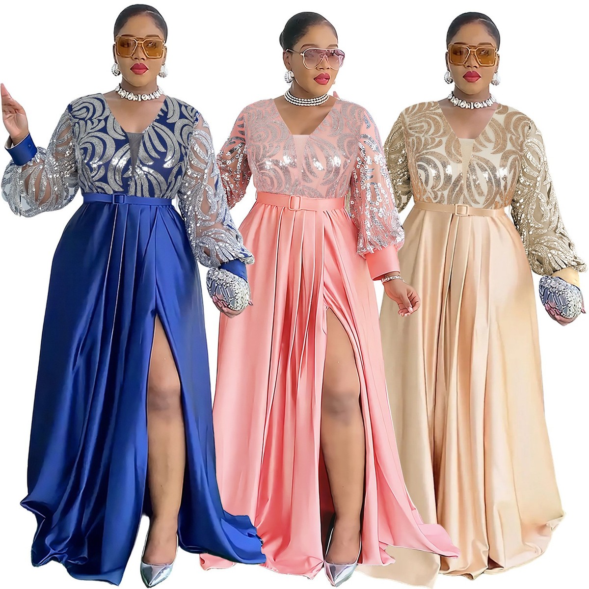 African Women Sequin Dress Dashiki Wedding Party Ball Gown V-Neck Maxi  Evening