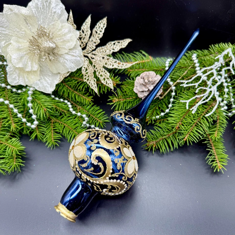 Elegant Navy Blue Christmas Tree Topper – Vintage Style Glass Ornament 🎄 - Image 4 of 4