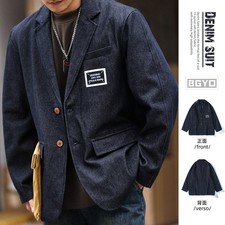 American Retro Denim Suit Men Loose Blue Suit Jacket Autumn Fashion