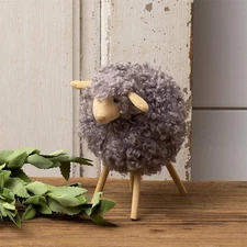 New Primitive Farmhouse GRAY WOOL SHEEP STICK LEGS FIGURE Fluffy Shelf Sitter