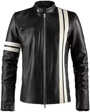 New Mens Genuine Leather Jacket Black Cafe Racer Motorcycle Biker Racing Stripe