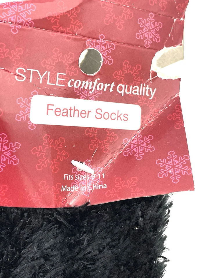 VTG Brushed Feather Bootie Socks Polyester Fuzzy Black NOS - Image 2 of 3