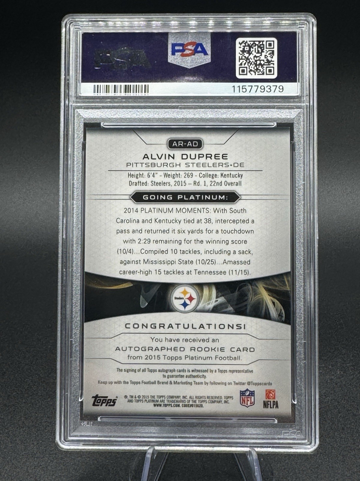 2015 Topps Platinum Auto Rookies Bud Dupree #AR-AD BCA Refractor /50 PSA 9 view 2