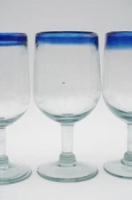 Hand Blown Mexican 6" Glass Wine Goblet 1-Piece - Blue Rim, Clear Stem