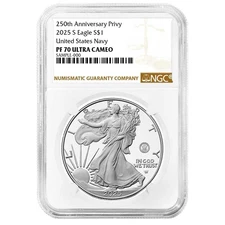 2025-S Proof $1 American Silver Eagle Navy Privy NGC PF70UC Brown Label 250th