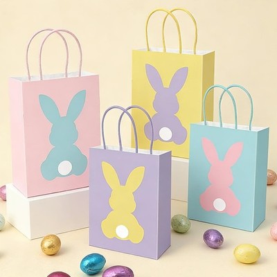 120 Pcs Easter Paper Bag Treat Bags with Handles Colorful Bunny Rabbit Candy Goo