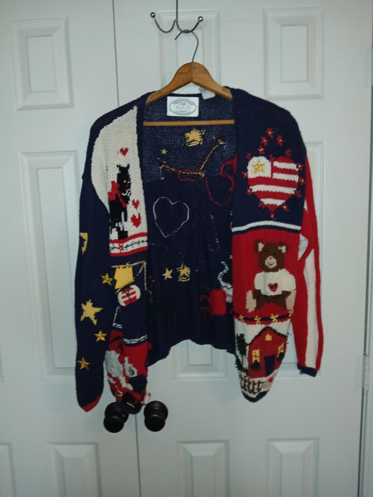 Vtg Eagle’s Eye 1996 Americana Patriotic Teddy Bear Cat Cardigan Sweater XL