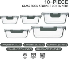 10-Pack Airtight Glass Meal Prep Containers with Lids - Microwave & Oven Safe