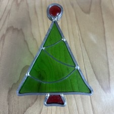 Stained Glass Christmas Ornament Green Tree Red Top 4  Handmade Heavy Duty