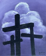 VINTAGE AMERICAN FOLK ART PRIMITIVE CRUCIFIXION ON CALVARY OIL PAINTING