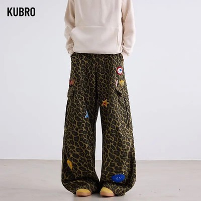 American Style Star Towel Embroidery Leopard Print Denim Pants Men's Autumn Wint