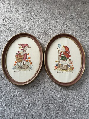 Pair of Vtg Hummel Boy & Girl Finished & Framed Crewel Embroidery Needlepoint