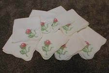 Set of 8 Vintage Hand Embroidered Roses Handmade Linen Napkins Handkerchiefs