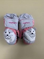 Level Hand Kids Mittens Size 0 (1-2 Yrs) Pink And Gray With Kitten Design.  EUC
