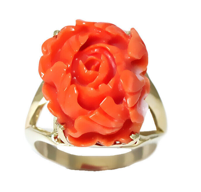 14k yellow gold, pink coral flower carving ring