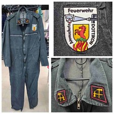 Vintage 70s FEUERWEHR Atemschutz Grey Denim Fireman Overalls Emblem Size 54