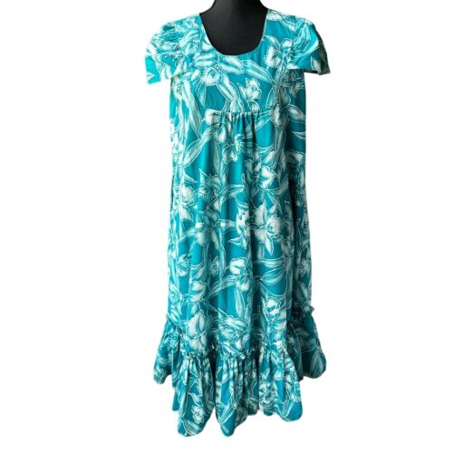 Royal Creations Hawaiian MuuMuu Long Floral Dress Aqua Size Medium - Picture 1 of 5