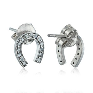 Authentic HORSESHOE Stud Earrings Diamond Pave Sterling Silver Gray/Gold Plated Jewelry