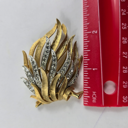 JJ Jonette Brooch Pin Gold Tone Rhinestone Leaf Branch Strand Wave MCM Vintage - Picture 4 of 4