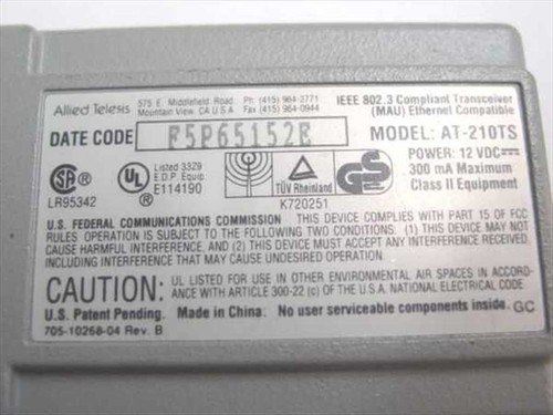 Allied Telesis AT-210TS CentreCom Twisted Pair Transceiver IEEE 802.3 10BASET - 第 4/4 張圖片