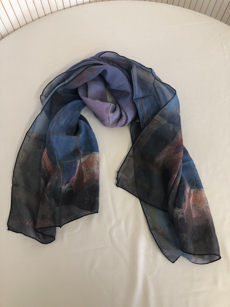 Foulard En Soie Suzanne Nagy - Impression Peinture Bleue - Neuf Sans Étiquette - Cadeau Élégant Pour Femme