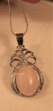 Dainty Furled Flute Topped Crackled Light Pink Stone Silvertone Pendant Necklace