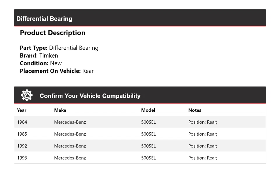 Cojinete diferencial trasero Timken para Mercedes-Benz 500SEL 1984-1985, 1992-1993 Foto 2 de 4