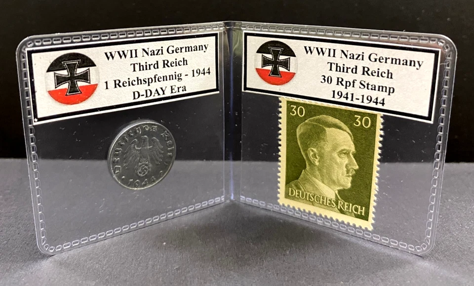 WWII Germany 1 Reichspfennig Coin & 30 Reichspfennig Stamp Set  D-Day Era-1944 - Image 2 of 2