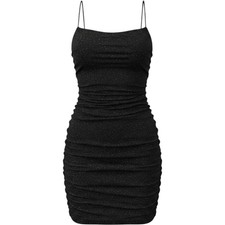 Princess Polly Black Glitter Ruched Bodycon Mini Dress Spaghetti Strap 4 Glam