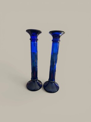Vintage Cobalt Blue 12'' Candlestick Holder Set of 2