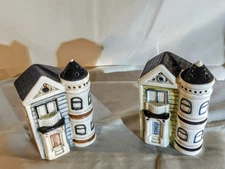 Vtg Otagiri Victorian Row Houses Salt & Pepper Shakers Hand Painted Japan OMC