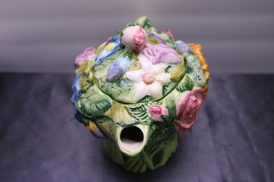 World Bazaars Teapot Majolica Flowers Fruit  6 1/4 '' Hand Paint Rose Bud Handle