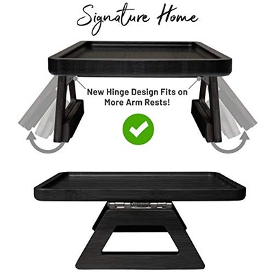 Black Clip-On Couch Arm Tray With Slide-Away Cup Holder - Sofa Side Table For Drinks, IPad, Remote