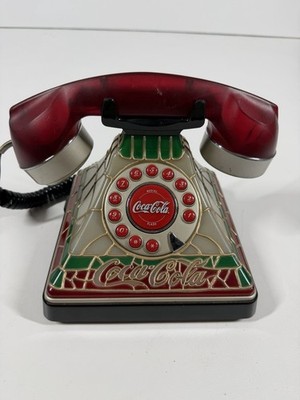 2001 Coca-Cola Lighted Telephone Retro Stained Glass Look Desk Phone Tested