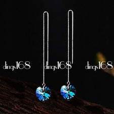 925 Sterling Silver Tarnish-Resistant Blue Crystal Heart Threader Earrings T1260
