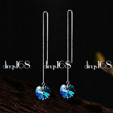 925 Sterling Silver Tarnish-Resistant Blue Crystal Heart Threader Earrings T1260