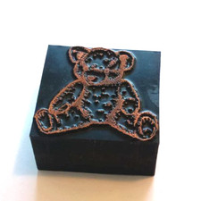 Antique Vtg Copper Wood Base Printing Press Ink Stamp Block Teddy Bear Used