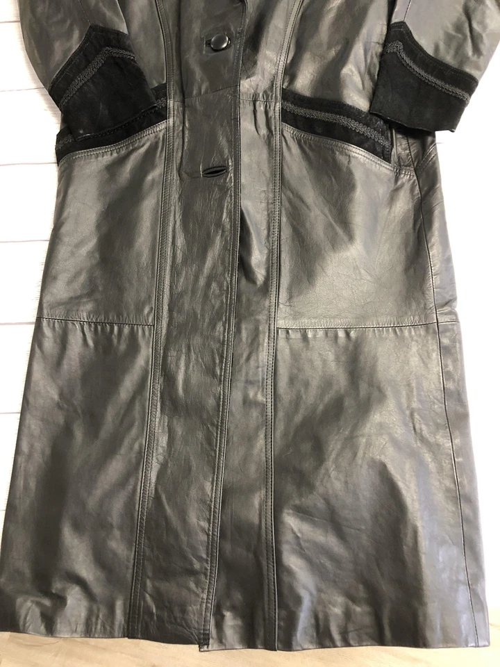 Vintage Winlit Leather Coat Womens Medium Black Paisley Embossed Suede Long 90s - Image 2 of 4