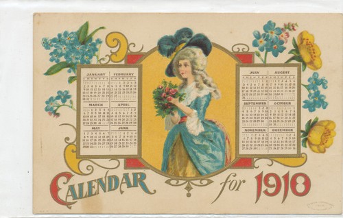 New Year postcard - Calendar for 1910 (used) woman w/ bouquet