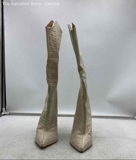 Schutz Womens Maryana Beige Crocodile Stiletto Heel Knee High Booties Size 10B