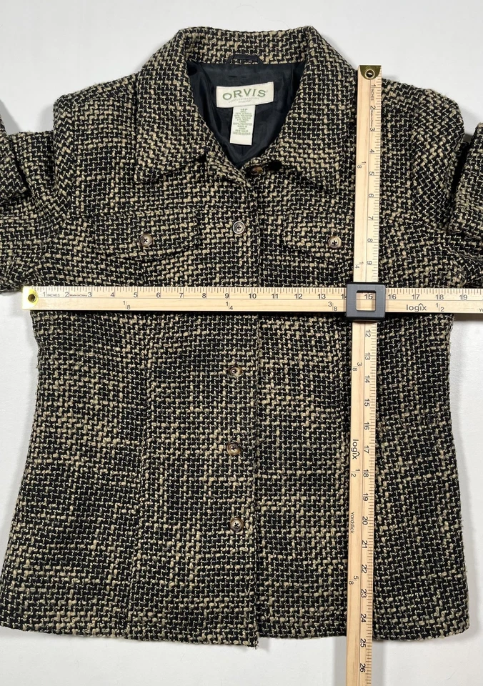 Orvis Jacket Womens 14P Black Beige Tweed Wool Blend Button Front Lined Pockets - Image 4 of 4