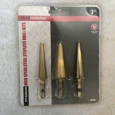 DRILL MASTER 3PC TITANIUM 1/4'' SHANK HIGHSPEED STEEL STEPLESS DRILL BITS #66463