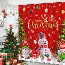 Merry Christmas Snowman Shower Curtain, Winter Xmas Tree Snow Home Holiday Ba...