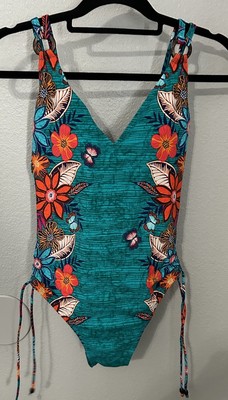 Skinny Dippers Women's One Piece Swimsuit Floral Turquoise Adjustable Straps M